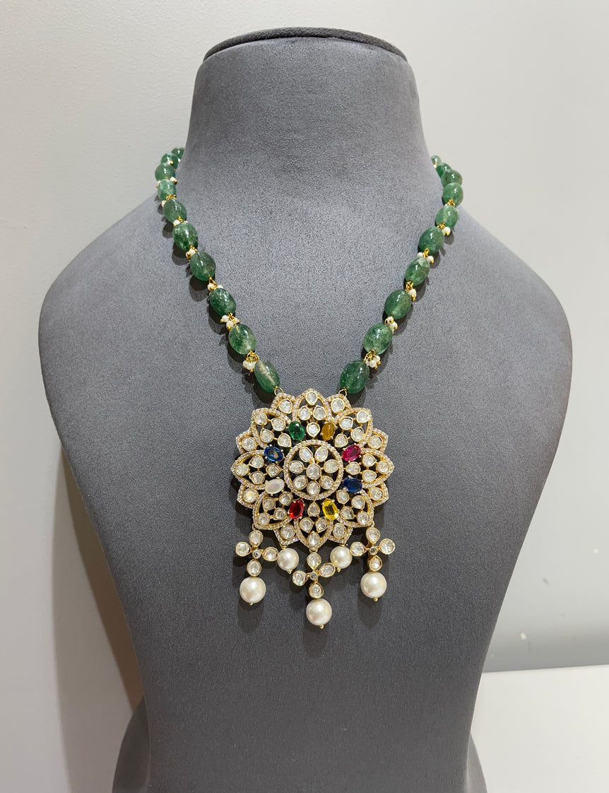 925 Silver Floral Navrattan & Polki Pendant