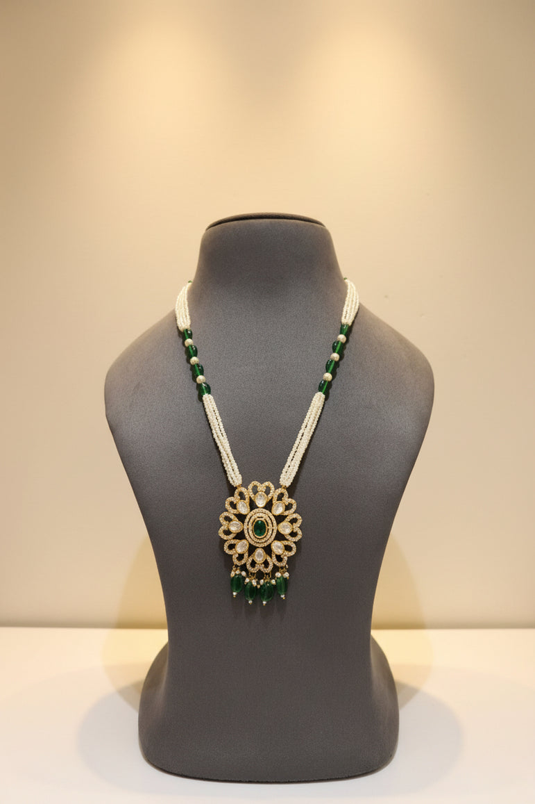 Maharani Emerald Halo Multi-Strand Pearl Pendant Set