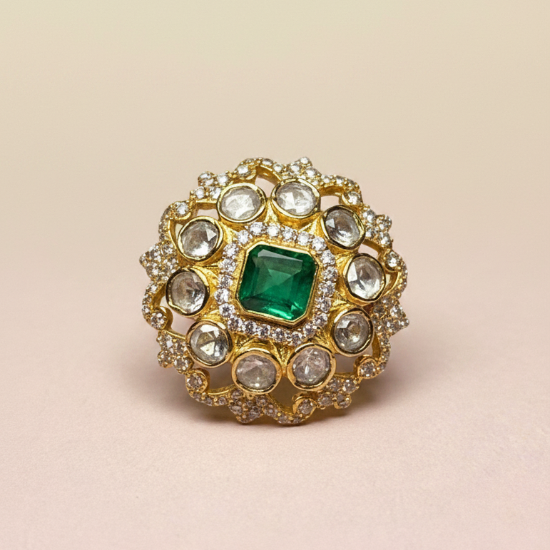 Square Emerald Polki Ring