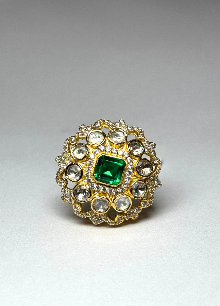 GREEN STONE MOISSANITE POLKI RING