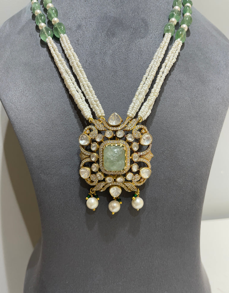 Royal Multi-Strand Pearl and Green Bead with Moissanite Polki Pendant