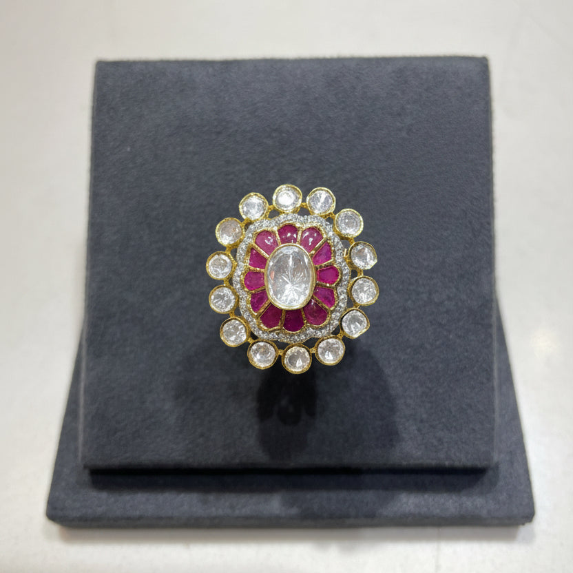 Silver Ruby Red & Moissanite Polki Ring