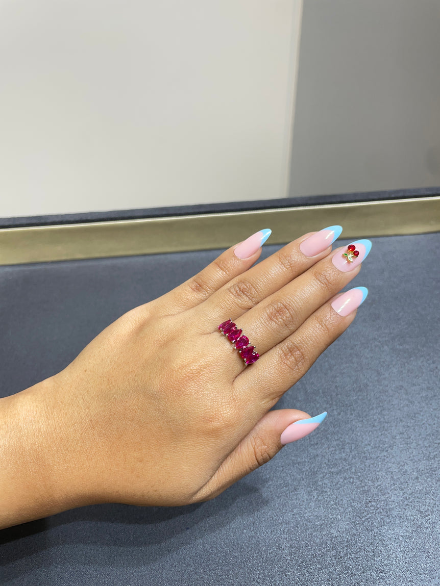 Pear-Cut Pink Stone Silver Band Ring