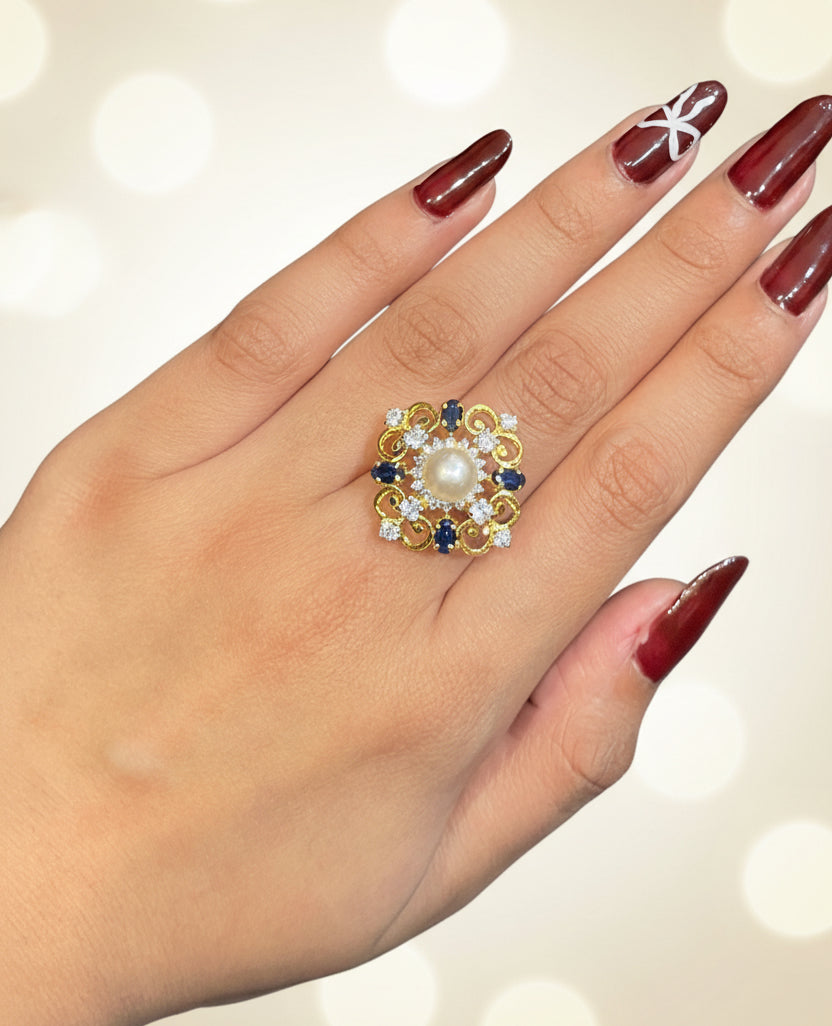 Luxe Pearl & Blue Sapphire Filigree Medallion Diamond Look Cocktail Ring