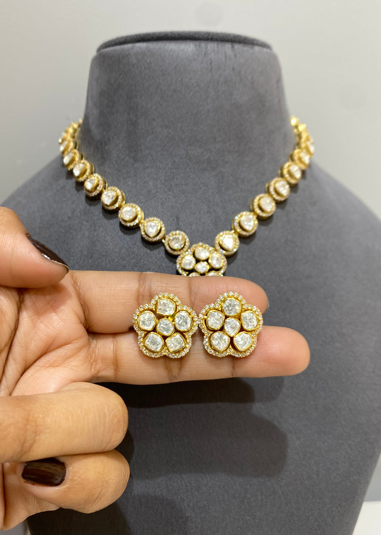 925 Silver Victorian Emerald Polki Necklace Set