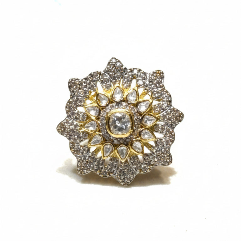 Dual-Tone Moissanite Polki & CZ Sunburst Flower Statement Ring