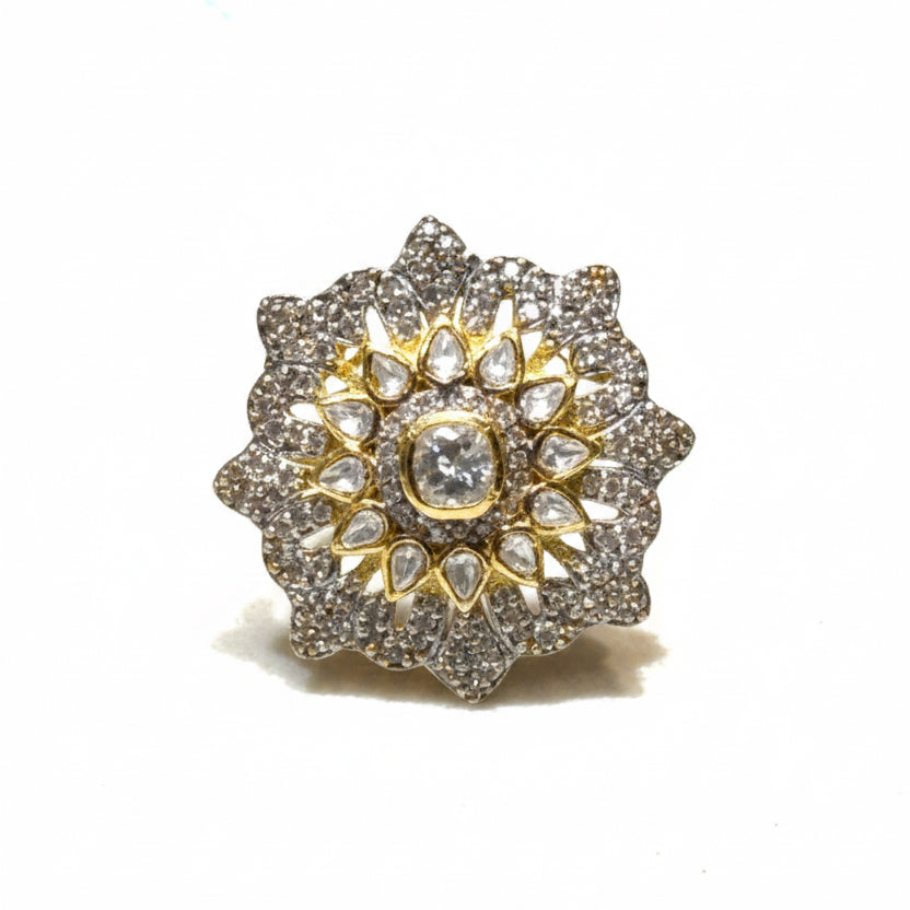 Dual-Tone Moissanite Polki & CZ Sunburst Flower Statement Ring