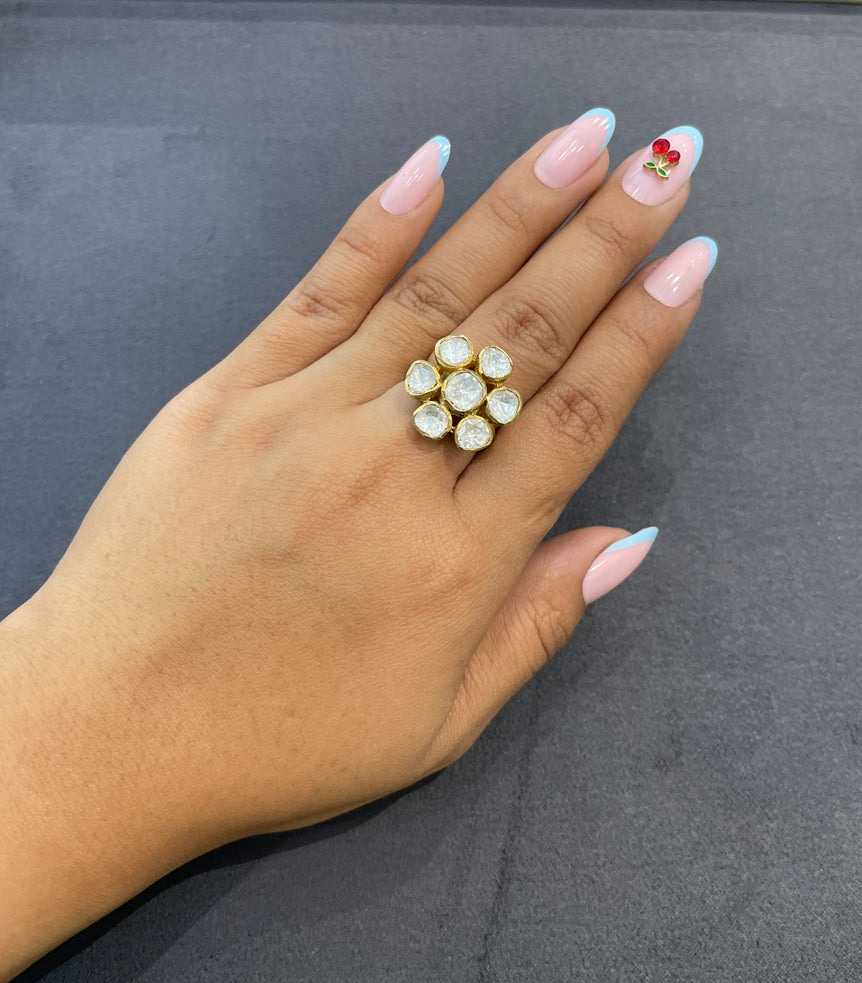 925 Silver Small Floral Polki Ring