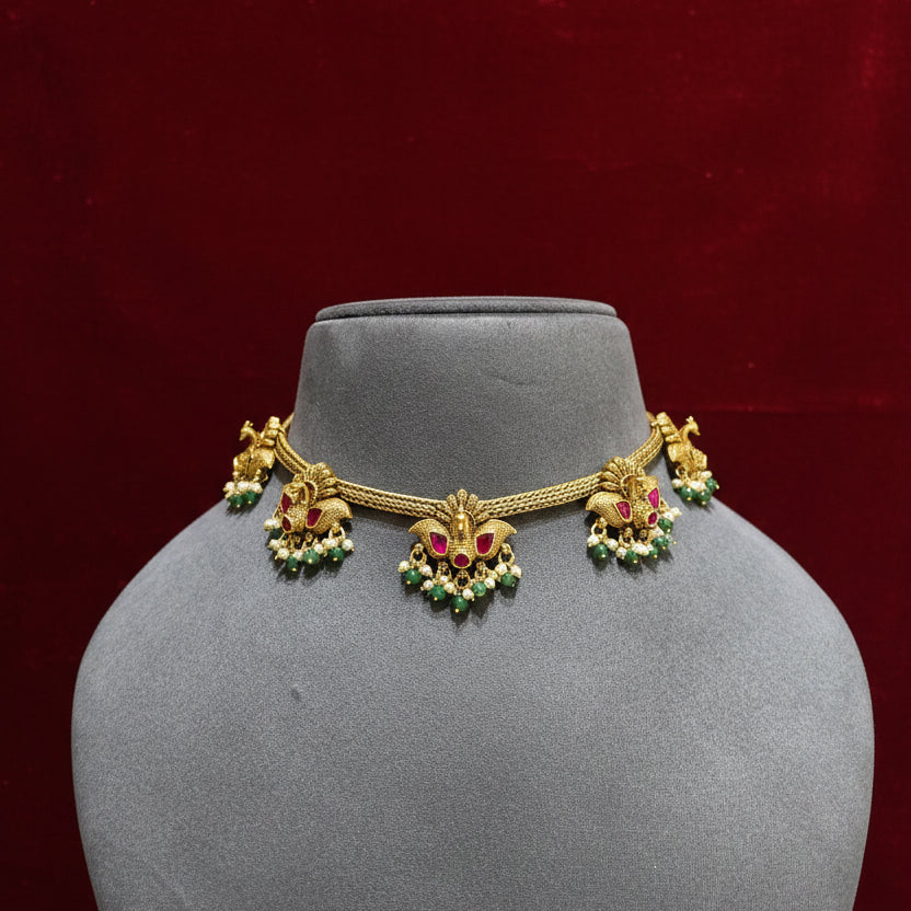 Antique Gold Sculpted Peacock Hasli Choker