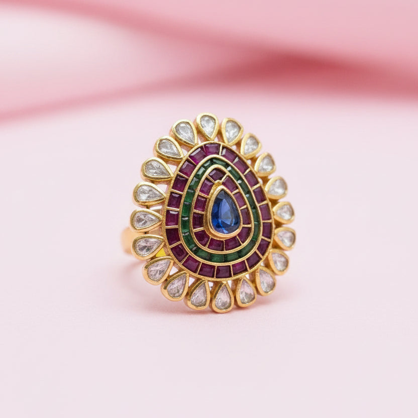 Royal Peacock Teardrop Tri-Color Meenakari & Polki Starburst Cocktail Ring