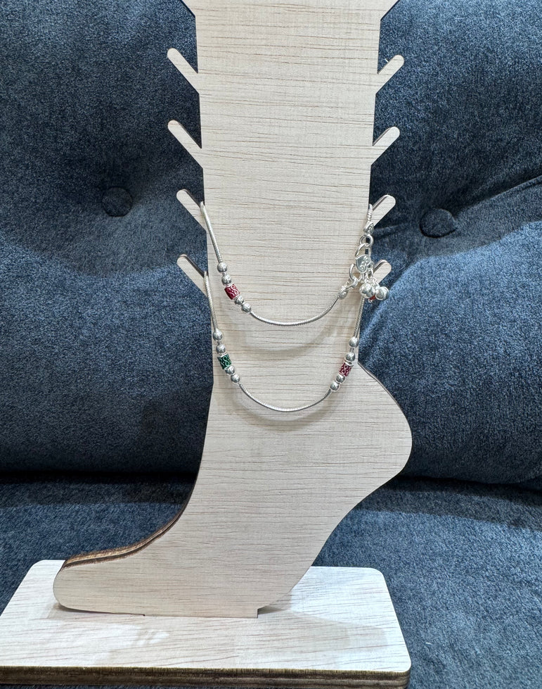 GREEN AND RED COLOR WORK PURE SILVER ANKLET ( 1 PAIR )
