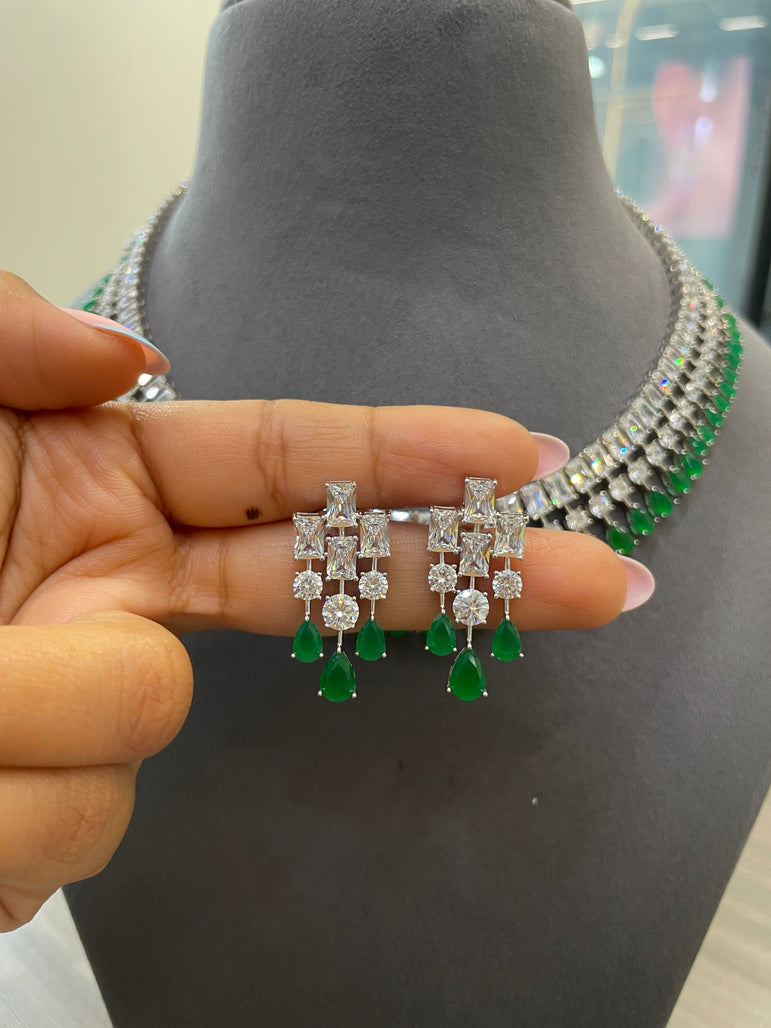 925 Silver Emerald Drops Moissanite Diamond Necklace Set