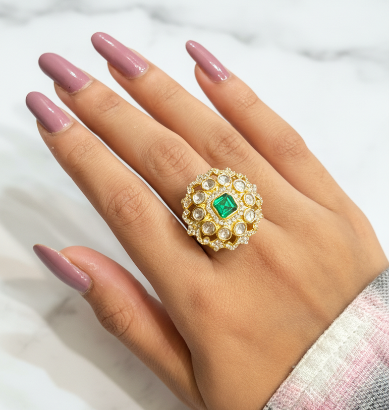 Square Emerald Polki Ring