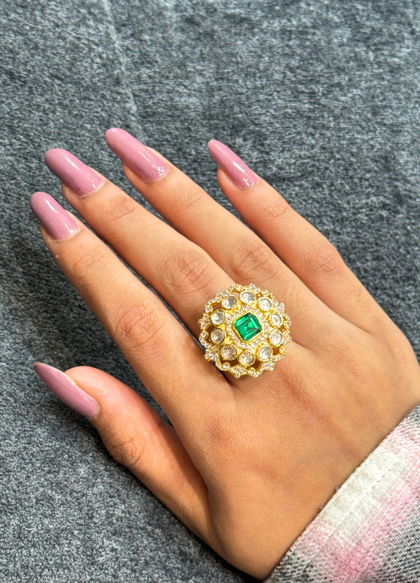 GREEN STONE MOISSANITE POLKI RING