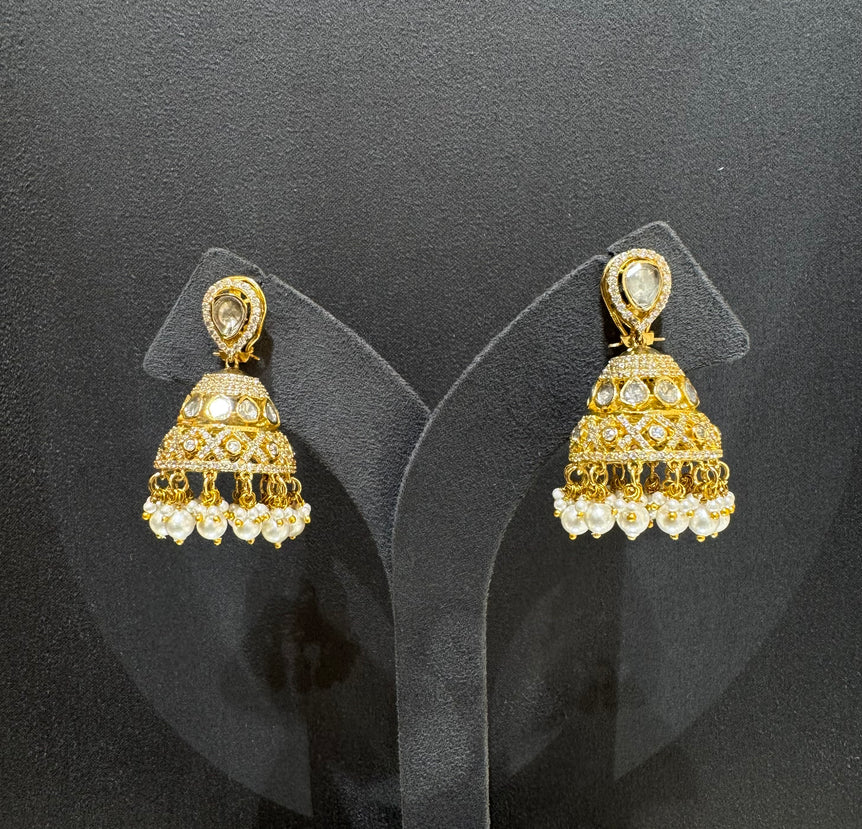 925 Silver Ethnic Polki & Pearls Jhumka Earrings
