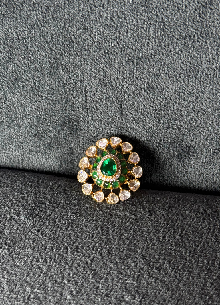 925 Silver Green Stone Polki Ring