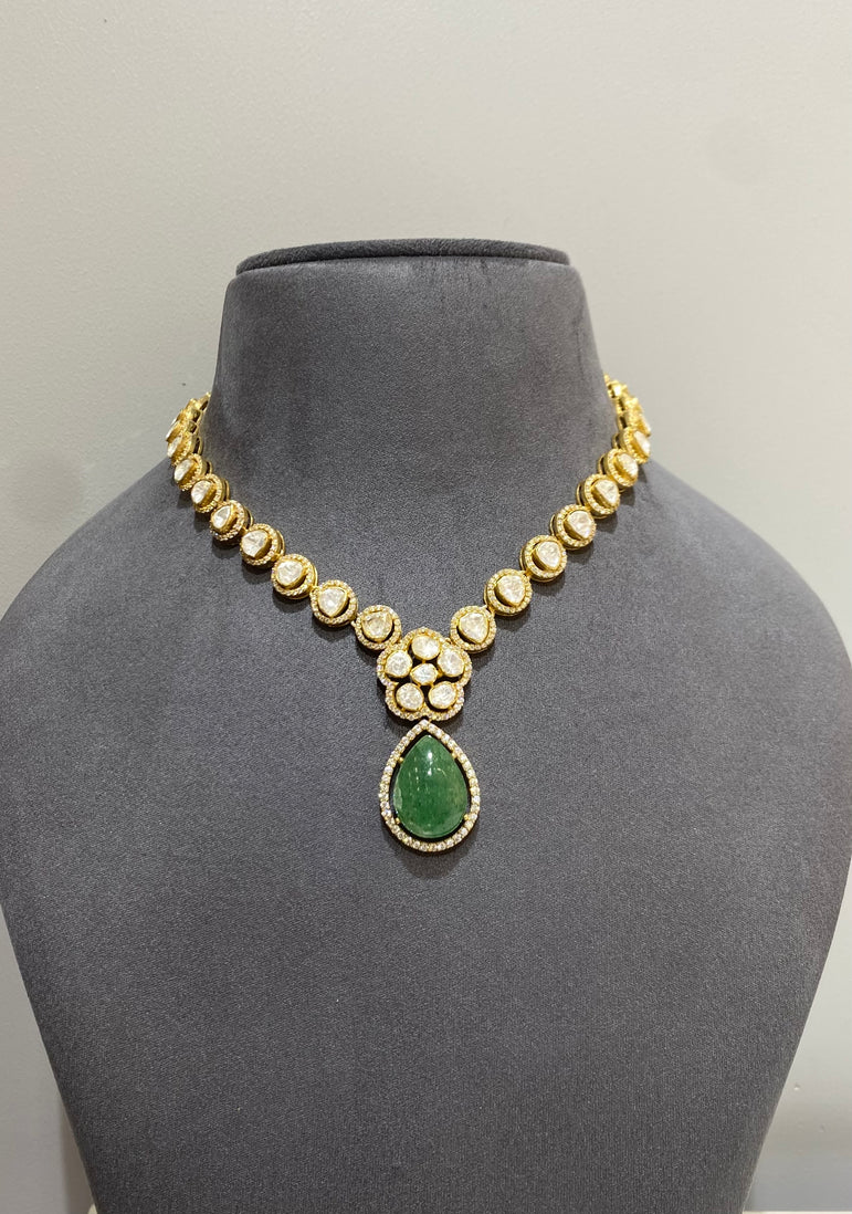 925 Silver Victorian Emerald Polki Necklace Set