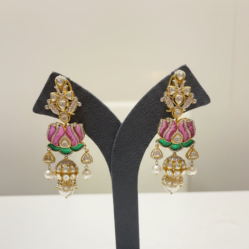 Enamel Lotus Motif Moissanite Polki Jhumka Earrings