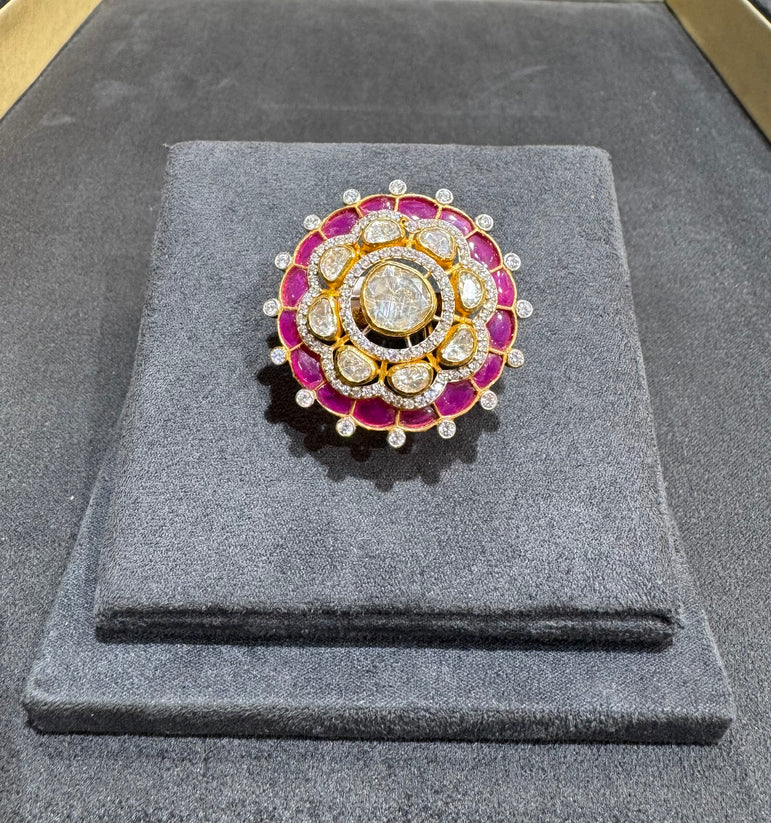 925 Silver Pink Floral Polki Ring