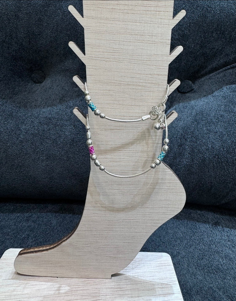 Vibrant Meenakari Multi-Color Bead Silver Anklet Pair