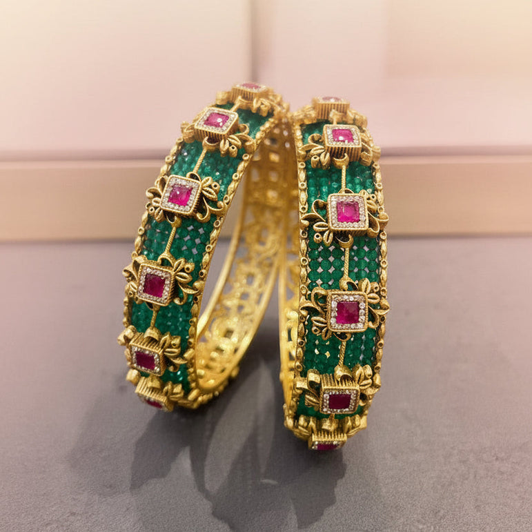 Royal Woven Green Bead Openable Gold Look Bangle