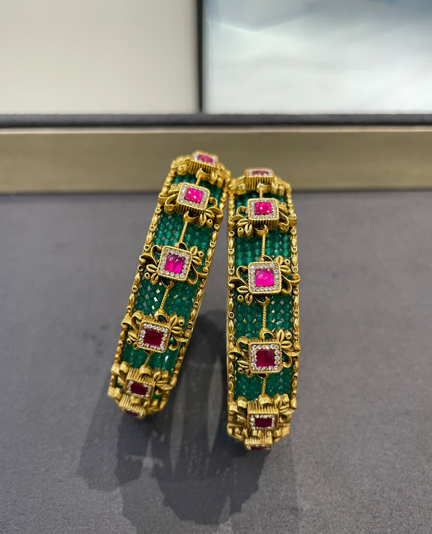 Royal Woven Green Bead Openable Gold Look Bangle