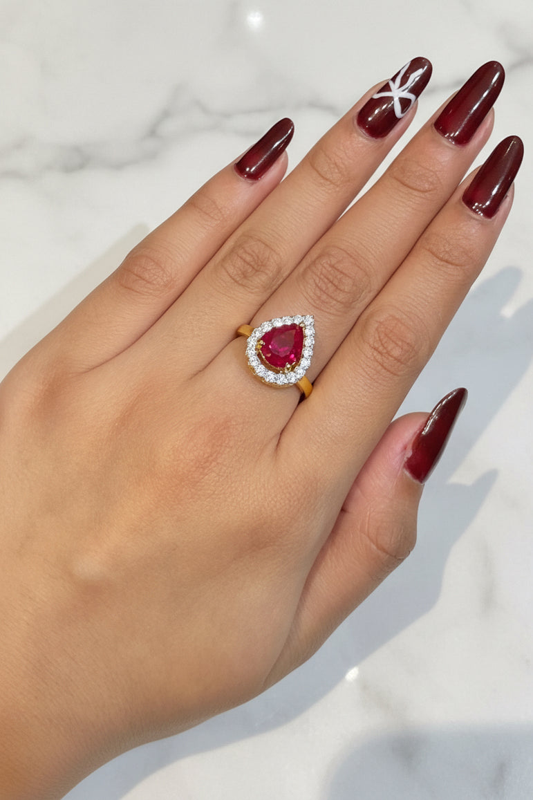 Pear-Shaped Ruby Halo Moissanite Diamond Ring
