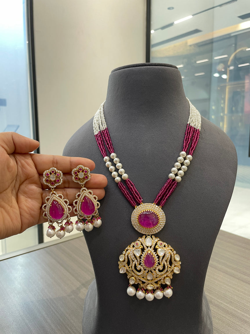 925 Silver Gulika Long Polki Necklace Set