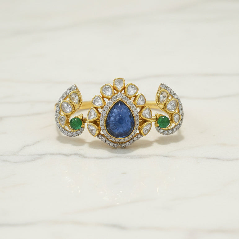 Royal Peacock Motif Carved Dual-Finger Polki Ring