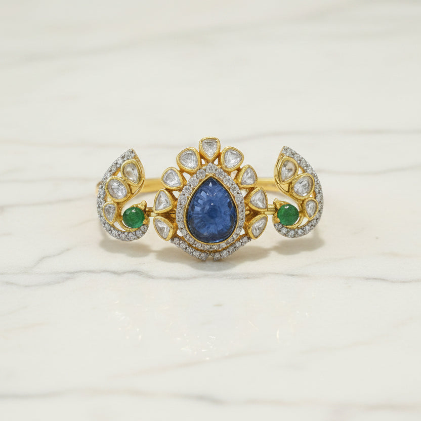 Royal Peacock Motif Carved Dual-Finger Polki Ring