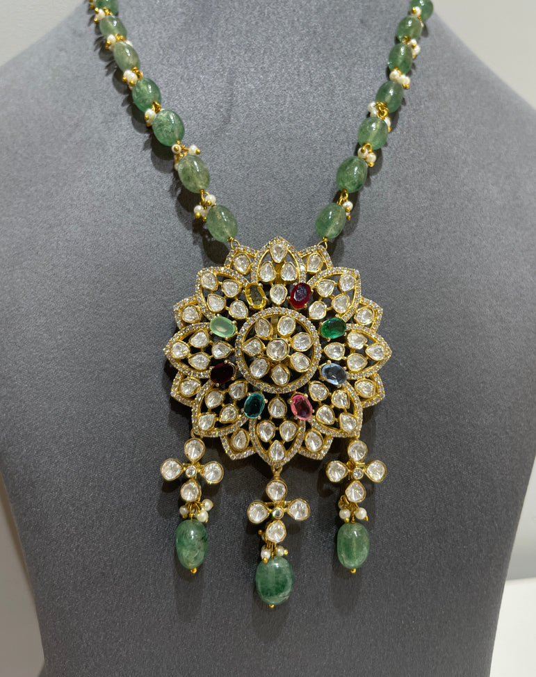 925 Silver Floral Navrattan & Polki Pendant