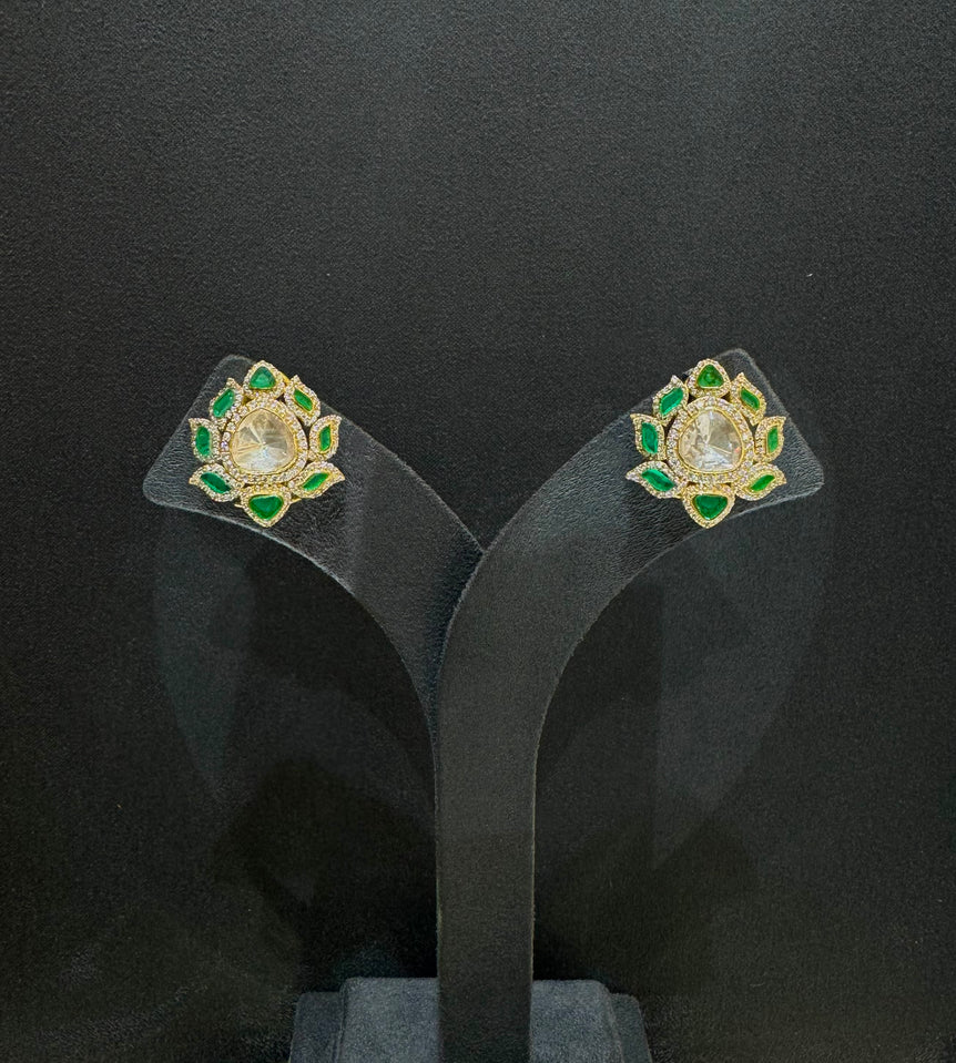925 Silver Green Lotus Polki Earrings
