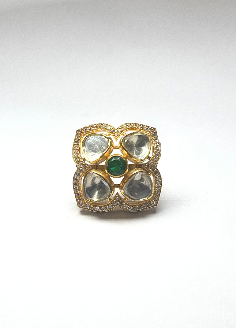 925 Silver Quad Petal with Green Stone Polki Ring