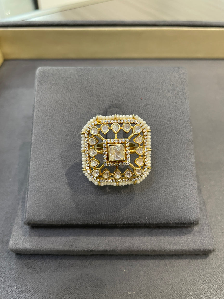 SQUARE POLKI RING WITH PEARLS