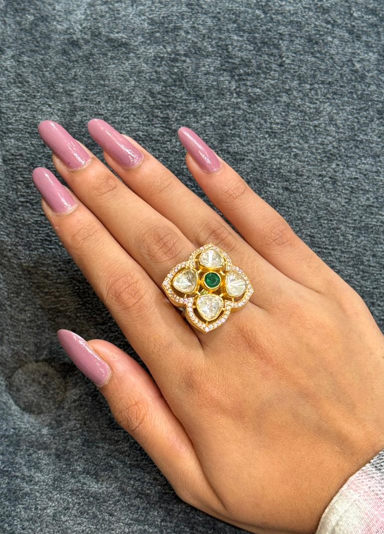 925 Silver Quad Petal with Green Stone Polki Ring