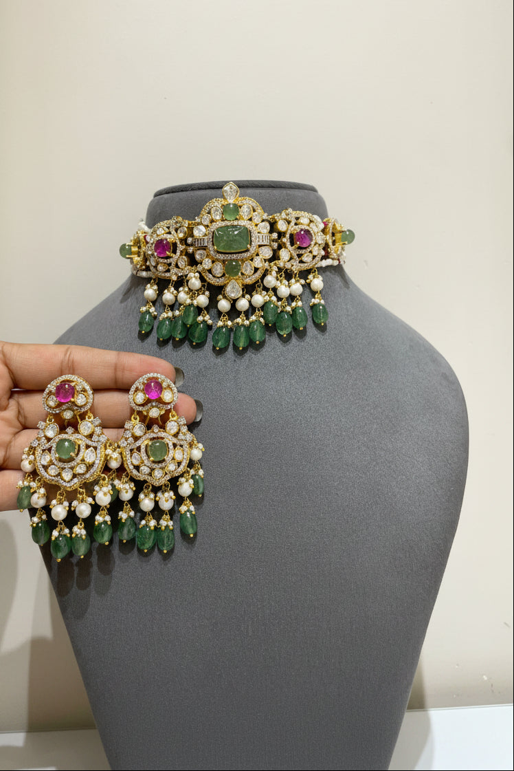 Carved Emerald Moissanite Polki Choker
