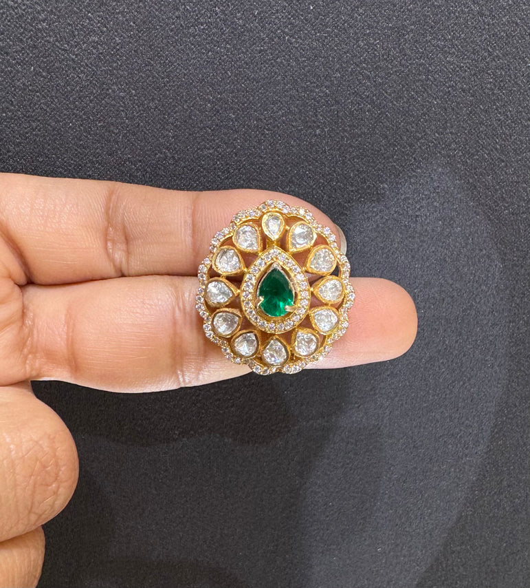 925 Silver Green Stone Polki Earrings