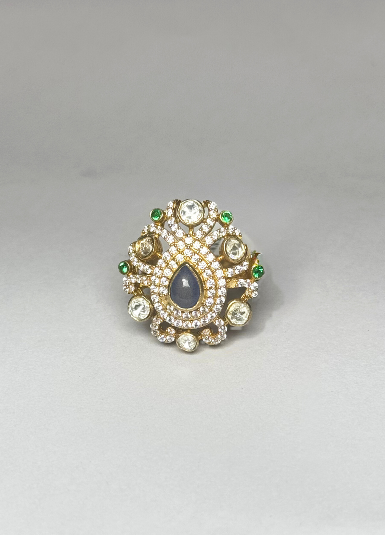 925 Silver Blue Stone Polki Ring