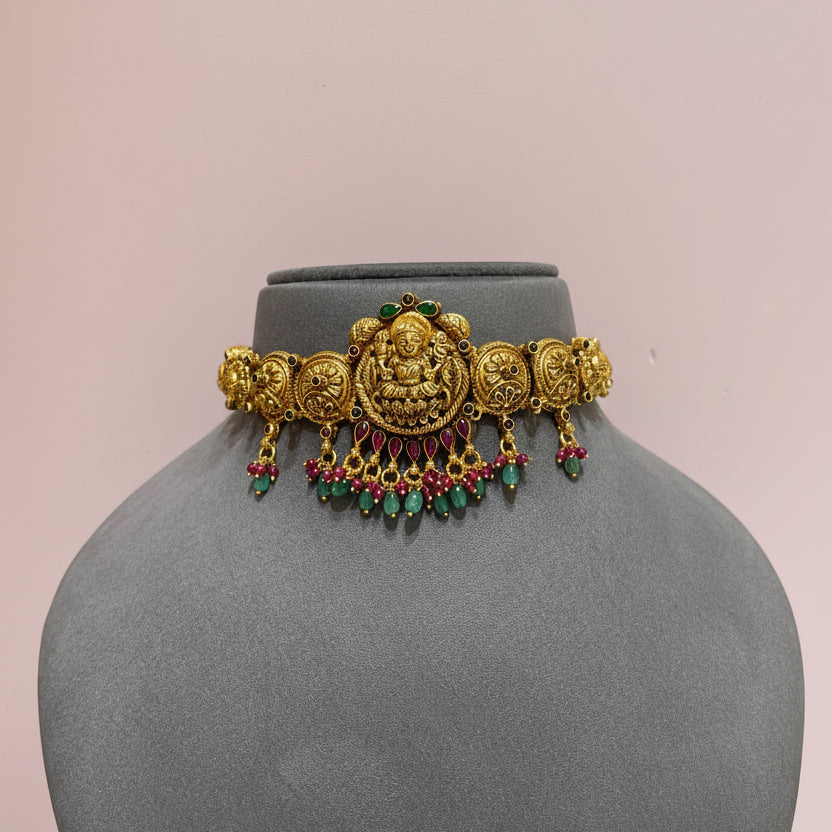 Vedic Laxmi Temple Crest Gold Look Choker