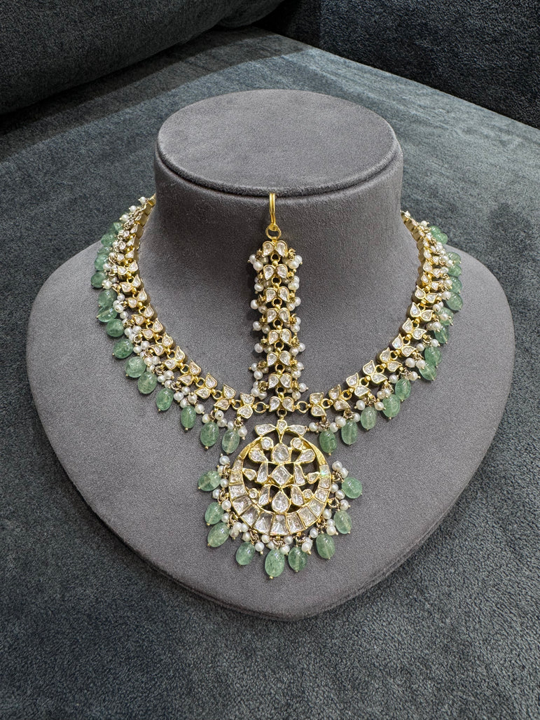 925 Silver Pastel Green Heavy Polki Matha Patti