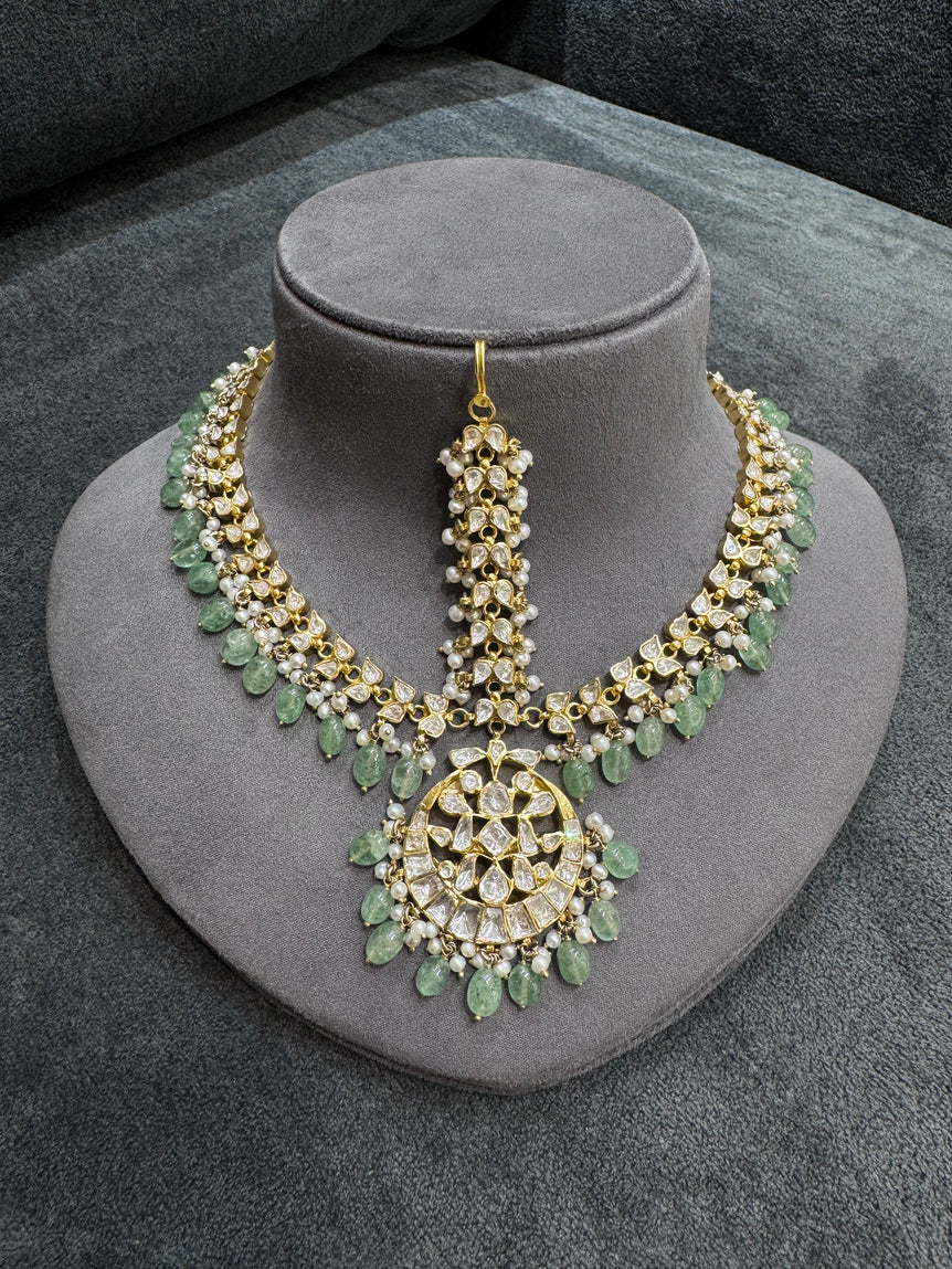 925 Silver Pastel Green Heavy Polki Matha Patti