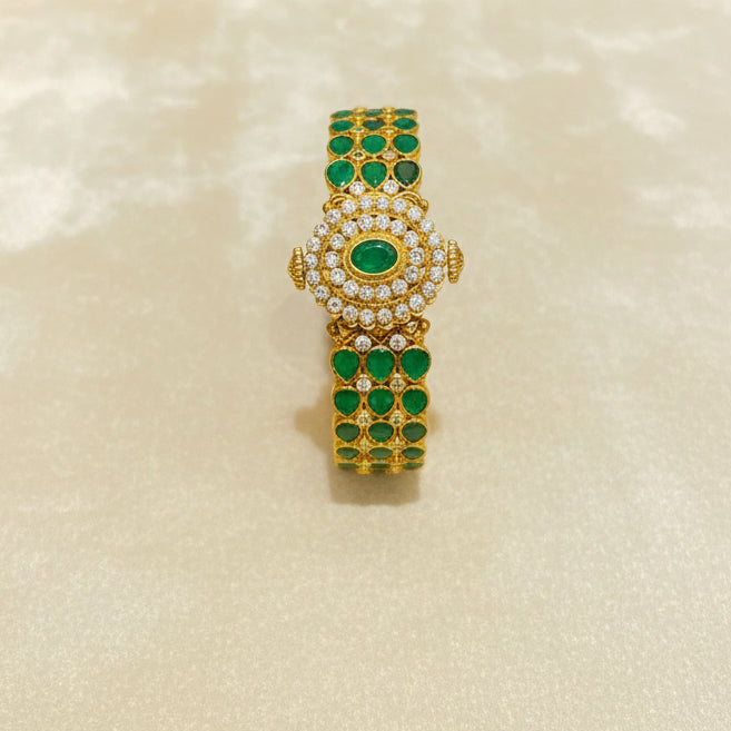 Royal Three-Line Emerald and Halo Gold Look Statement Openable Bangle