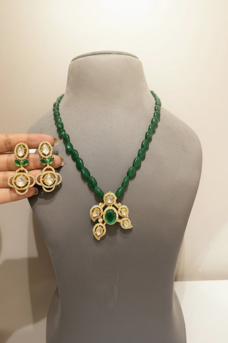 Emerald Shield Moissanite Polki Pendant Set