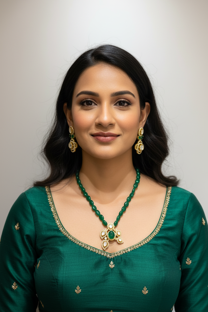 Emerald Shield Moissanite Polki Pendant Set