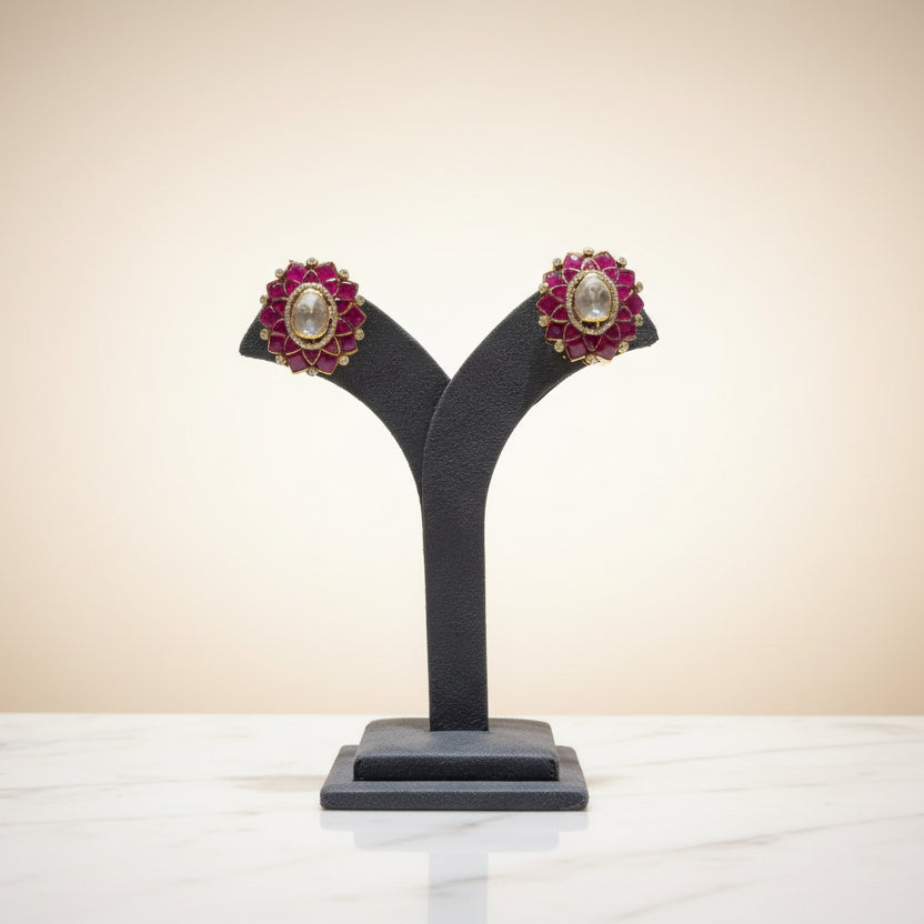 Royal Lotus Gemstone & Micro-Pavé Polki Oversized Stud Earrings