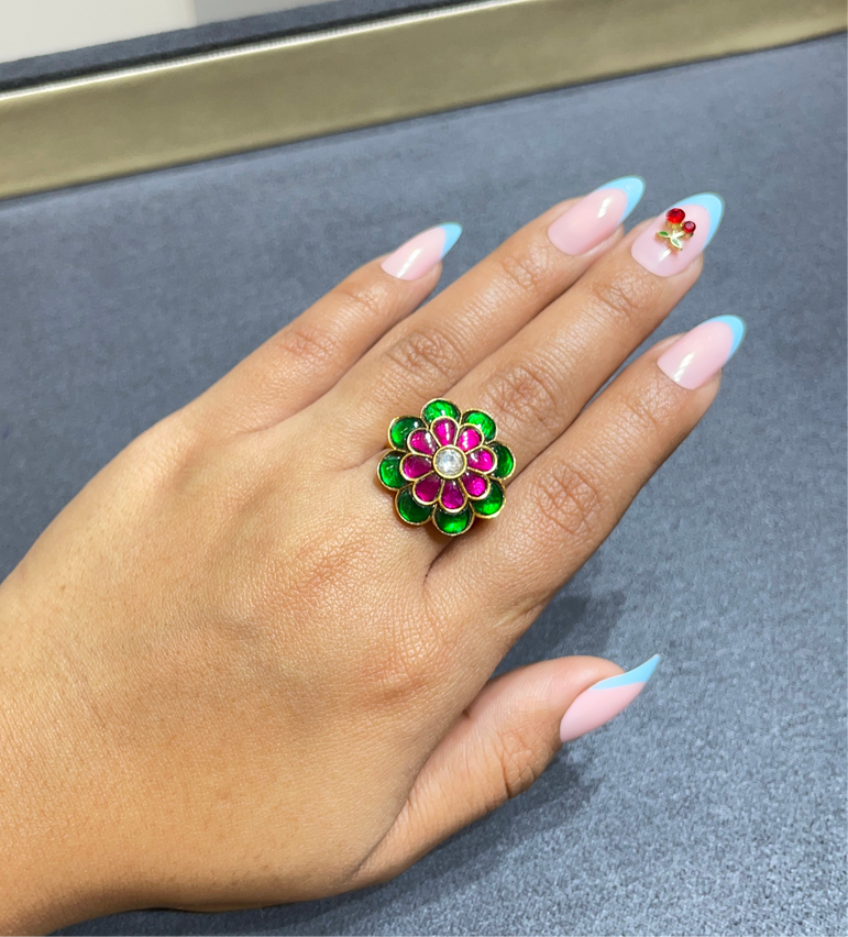 925 Silver Small Floral Gold Look Ring