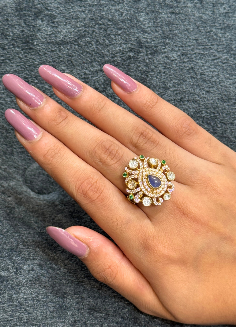 925 Silver Blue Stone Polki Ring