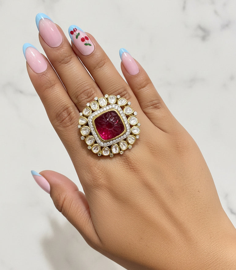 Red Stone Polki Ring
