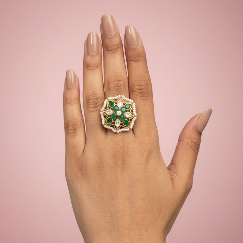Emerald Green Floral Polki Ring