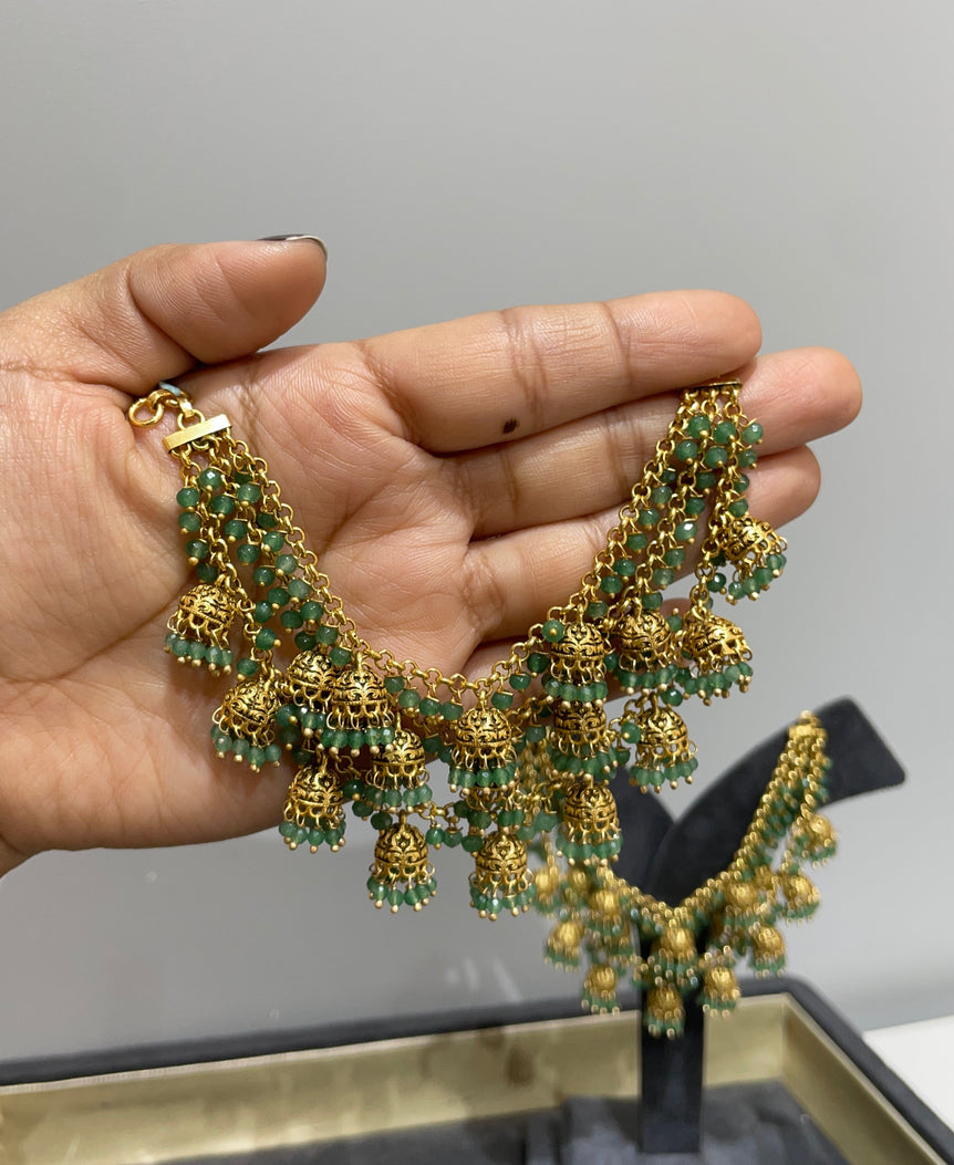 925 Silver Green Beads Small Jhumki Drops Kanchain